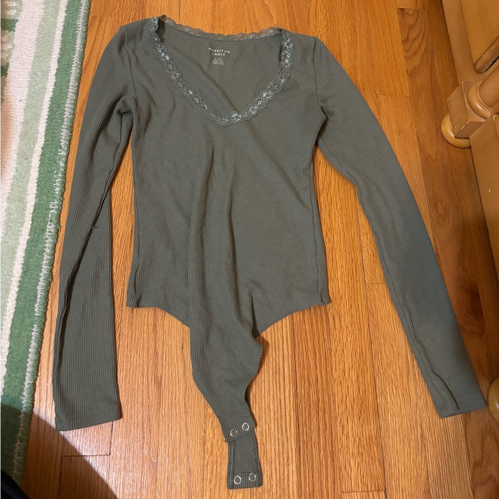 American Eagle Green Lace Waffle Bodysuit Size Small